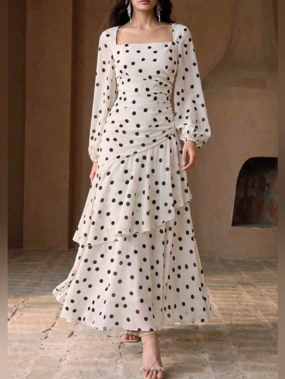 New Polka Dot Ruched Maxi Dress Square Neck Long Sleeve Ivory Cream Black